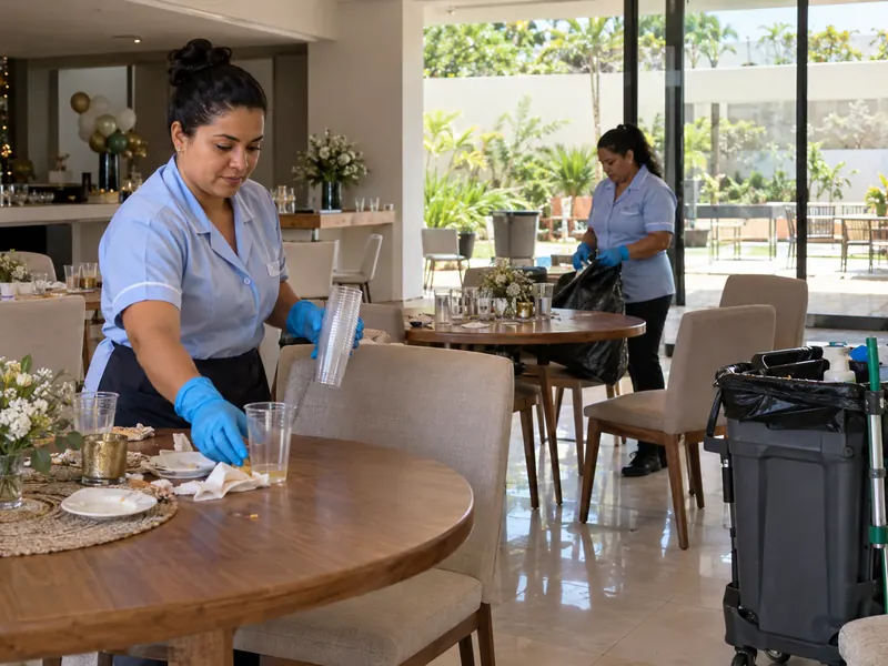 Duas profissionais de uniforme azul e luvas recolhendo copos e limpando as mesas de um salão depois da festa