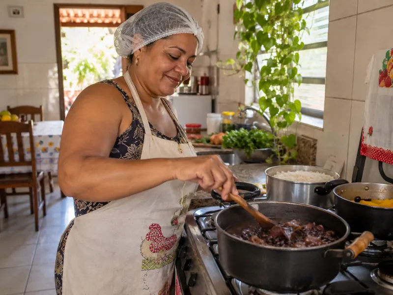Cozinheira de avental e touca preparando feijão no fogão de uma cozinha residencial